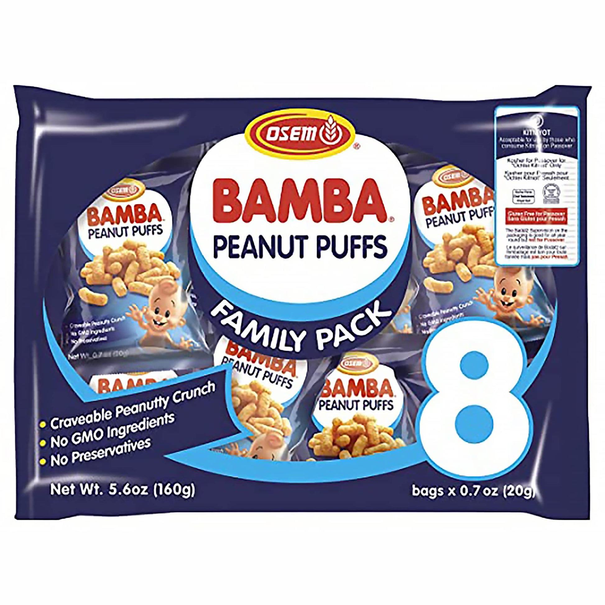 Osem Bamba Peanut Snacks - All Natural Peanut Puffs Family Pack, 8 x 0.7oz Bags, 50% Peanuts