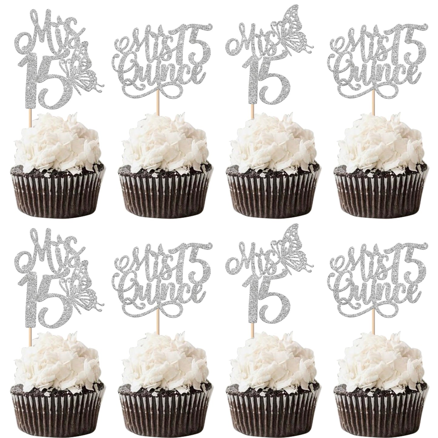 Rsstarxi Cupcake Toppers 24 Pack Glitter Quinceañera 15 Años Cake Picks Silver