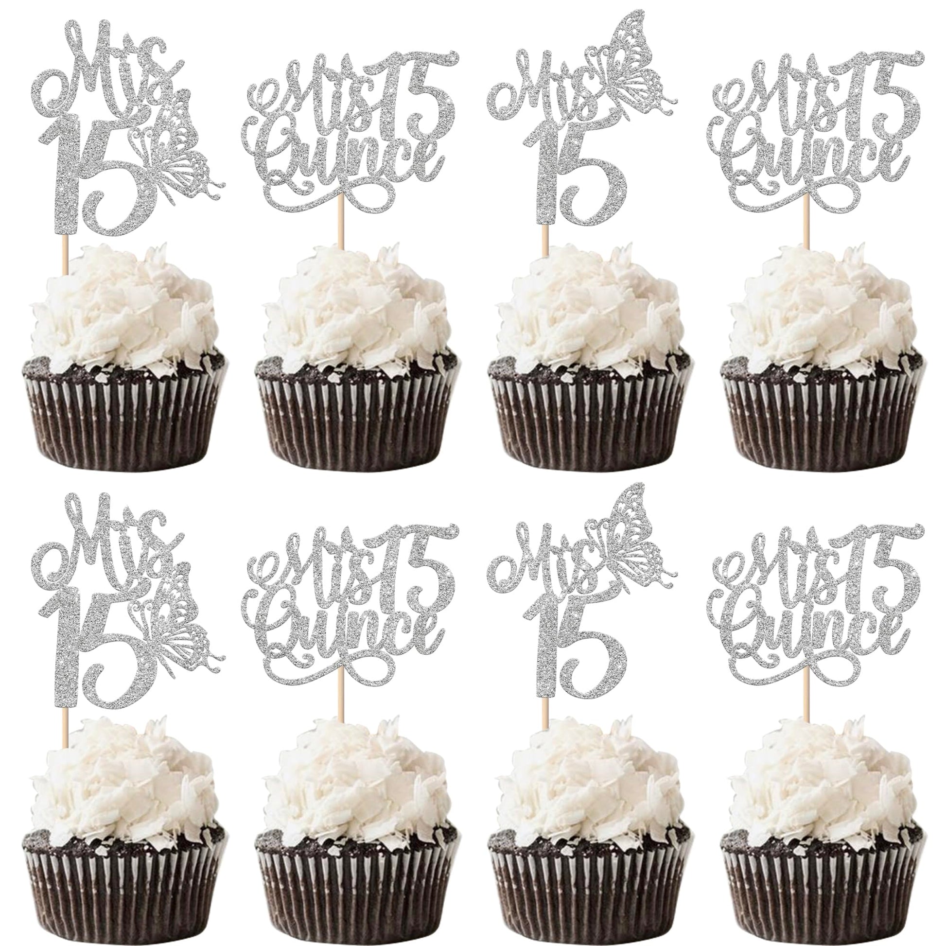 Rsstarxi Cupcake Toppers 24 Pack Glitter Quinceañera 15 Años Cake Picks Silver