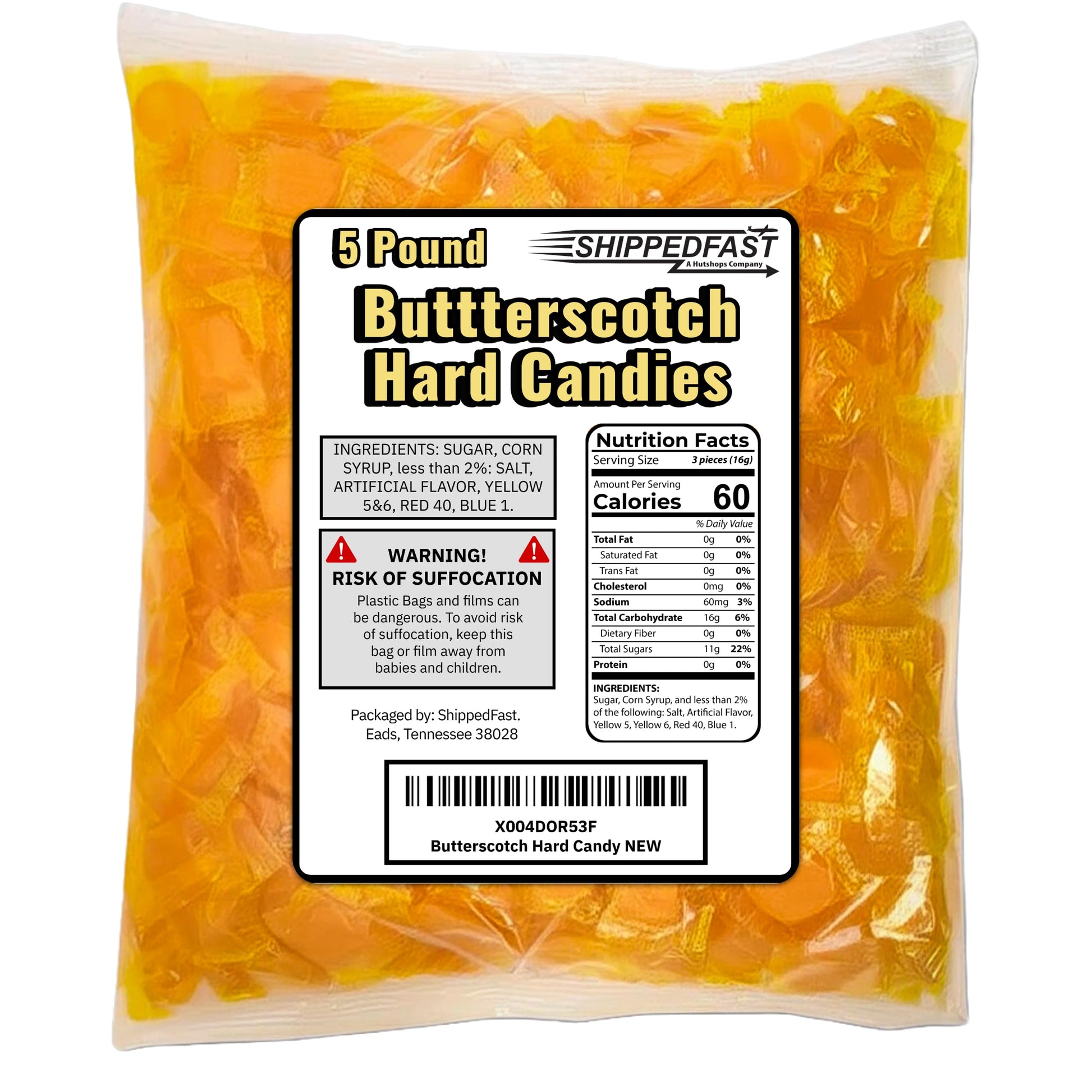 Shippedfast Butterscotch Hard Candies - Individually Wrapped, 5 Pound Bag, Large Size