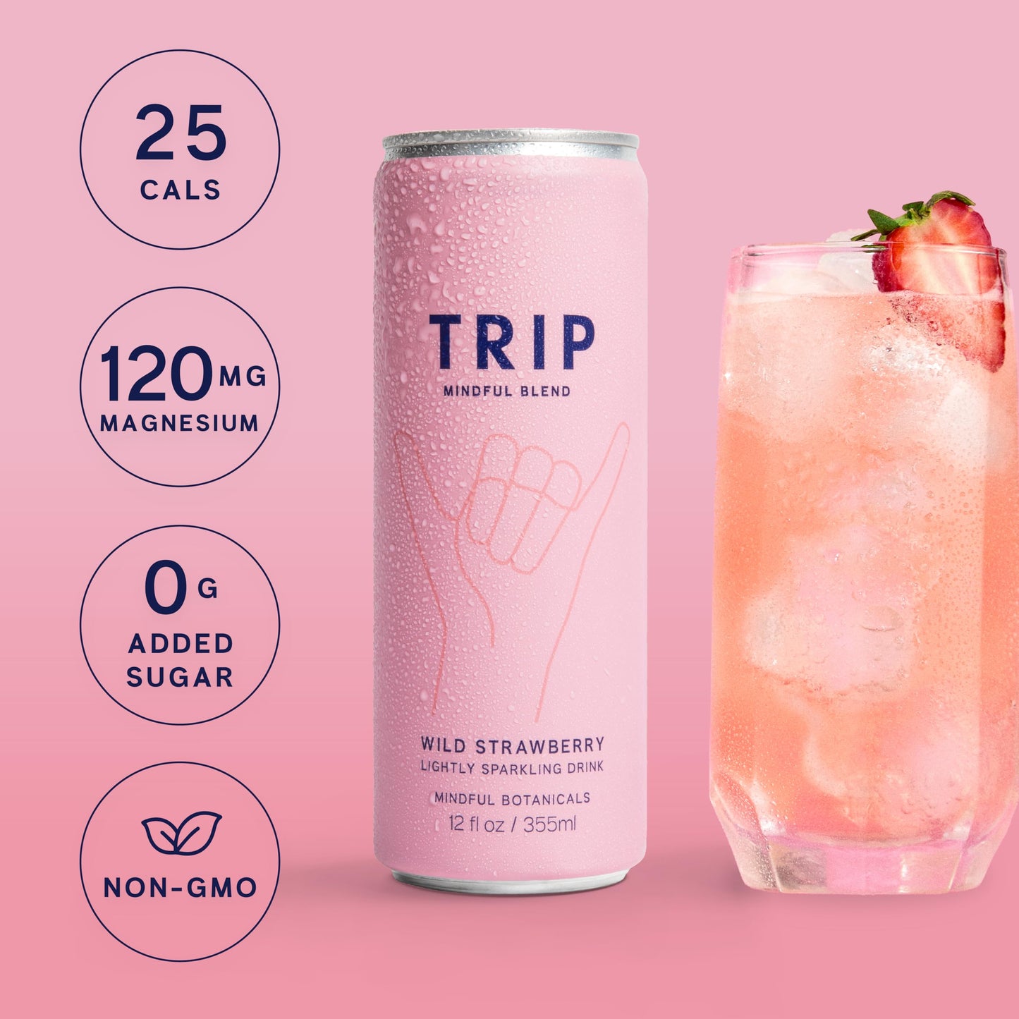Trip Drink Mindful Blend  Lightly Sparkling Calming Drink  Adaptogen Drink 120 MG Magnesium Citrate with Ashwagandha  Lions Mane & L Theanine  No Added Sugar  Low Calorie  Vegan  Wild Strawberry  12 Oz  12Pk