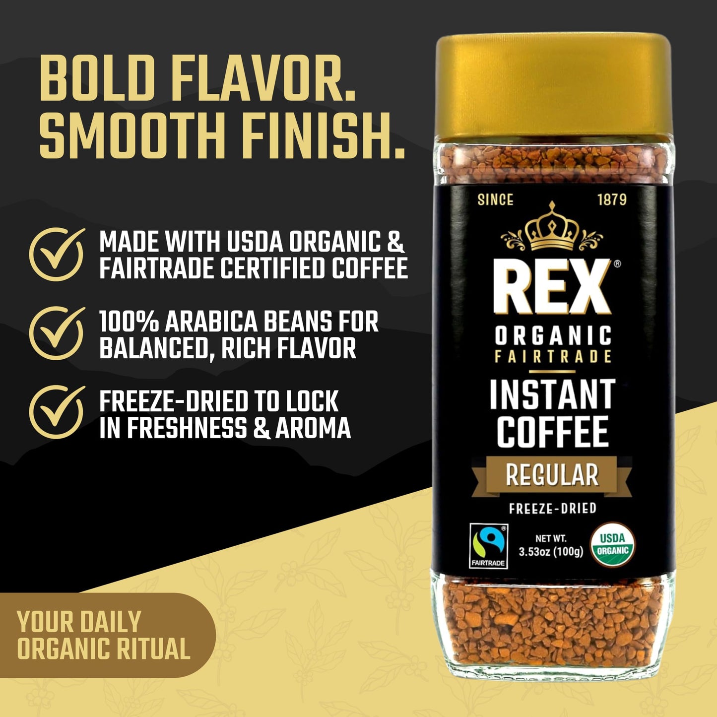 Rex Organic Fairtrade Freeze-Dried Instant Coffee - Medium Roast Arabica, 3.53 oz Glass Jar - USDA Organic & Fairtrade Certified