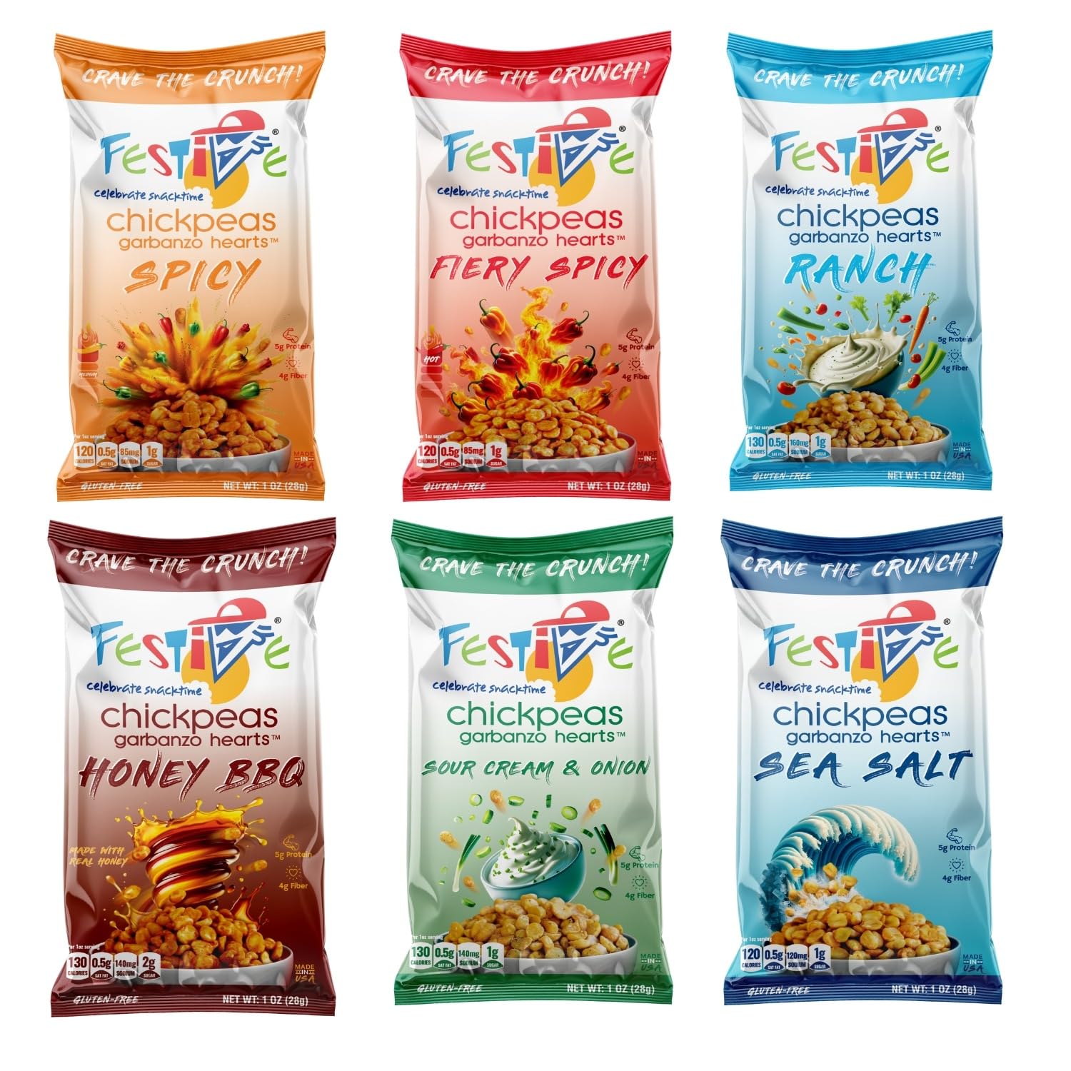 Festive Celebrate Snacktime Roasted Chickpeas Variety Snack Pack - Non-GMO, Vegan, 24 Bags, 1 Ounce Each, Nut Free