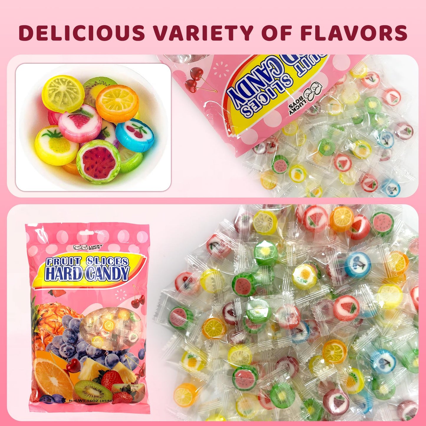 Lucky Boys Fruit Slices Hard Candy Bulk 1 lb Bag - Individually Wrapped Fruity Flavors for Office, Reception, Treat Bags