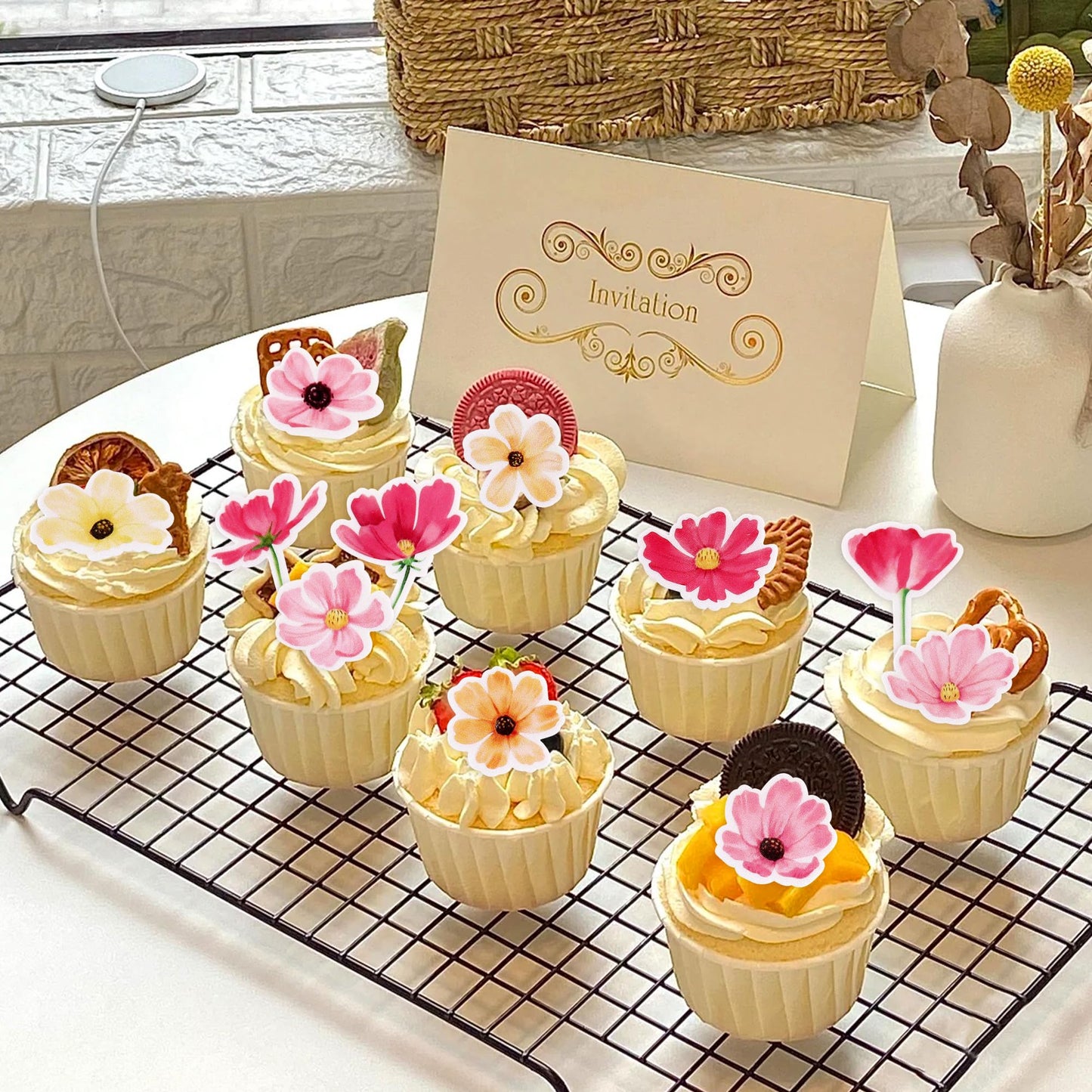 52 Pack Edible Flower Cupcake Toppers Spring Bridal Engagement Baby Shower Birthday Party Cupcake Picks Drink Topper Anniversary