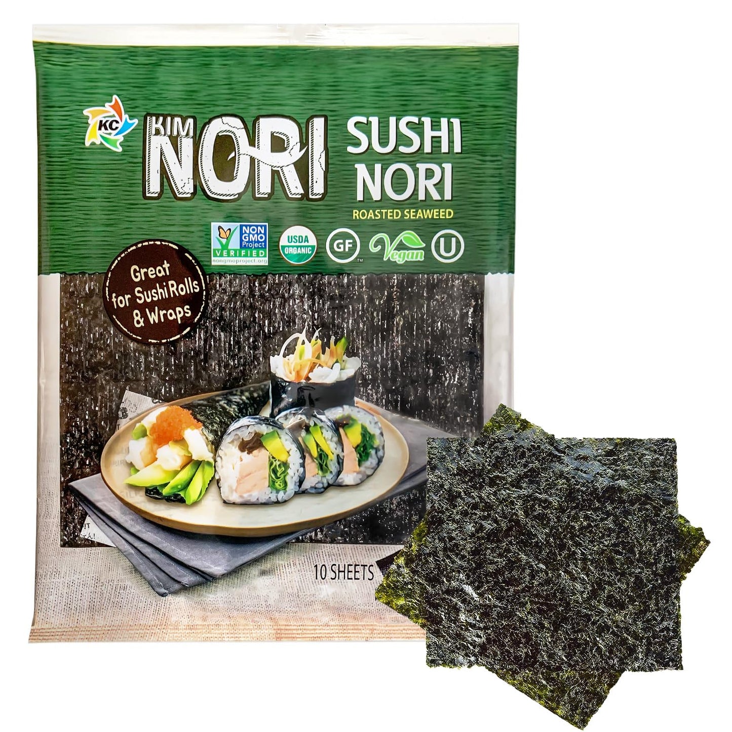 KIMNORI Sushi Nori Sea  Sheets, USDA Organic, 50 Full Size, Gluten Free, Vegan, 10 Count (Pack of 5)