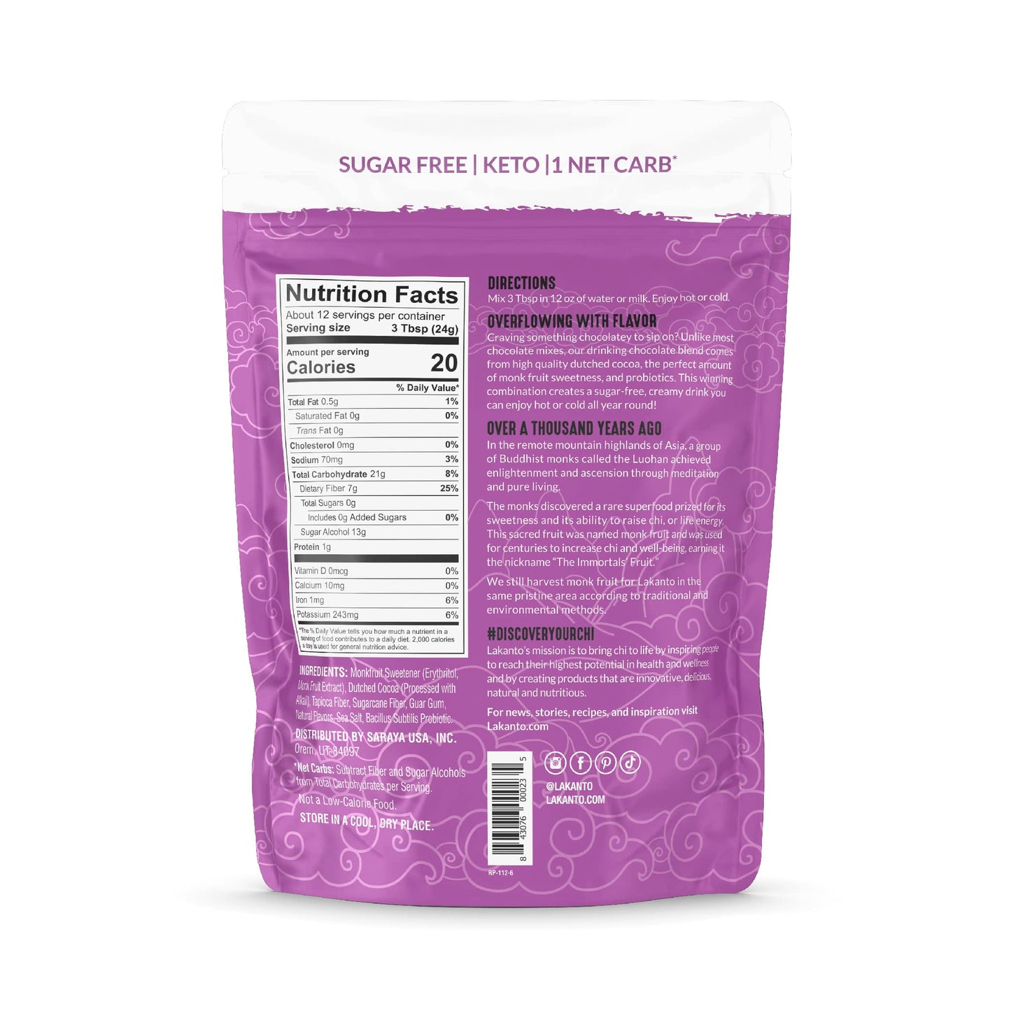 Lakanto Sugar Free Drinking Chocolate - Sugar Free, Cold Or Hot Cocoa Powder Mix With Shelf Stable Probiotics, Monkfruit Sweeten