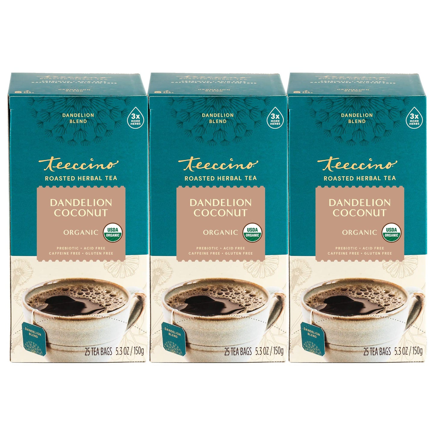 Teeccino Dandelion Coconut Herbal Tea - Caffeine Free, 25 Count (Pack of 3)