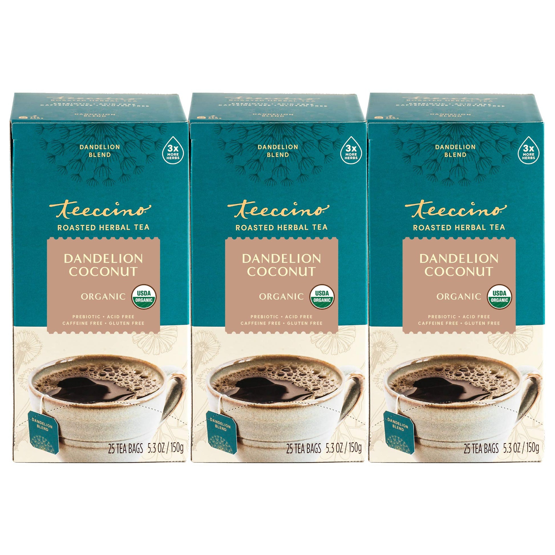 Teeccino Dandelion Coconut Herbal Tea - Caffeine Free, 25 Count (Pack of 3)