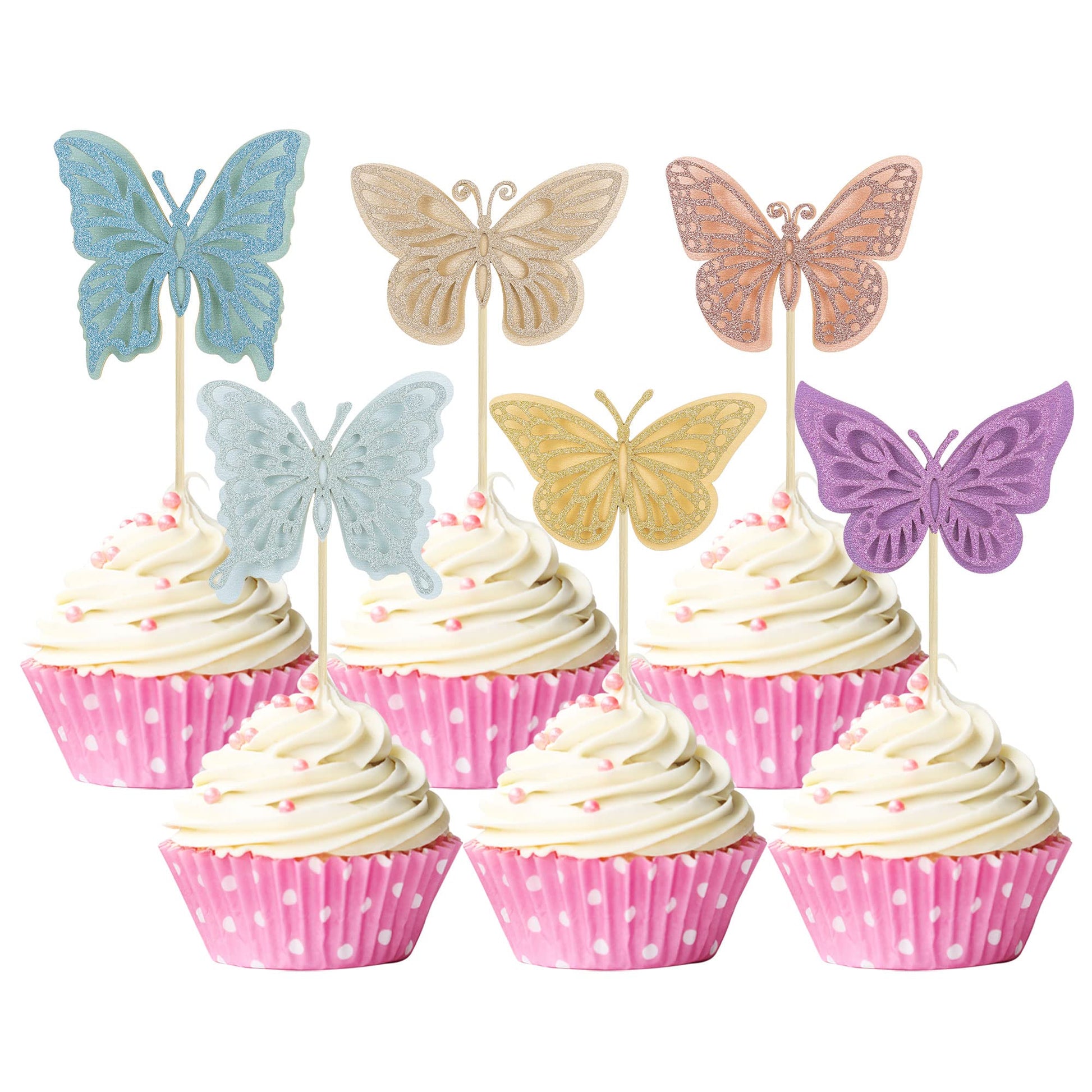 Gyufise 24Pcs Hollow 3D Butterfly Cupcake Toppers Multicolor Glitter Double Layer Butterfly Cupcake Picks Decoration For Butterf