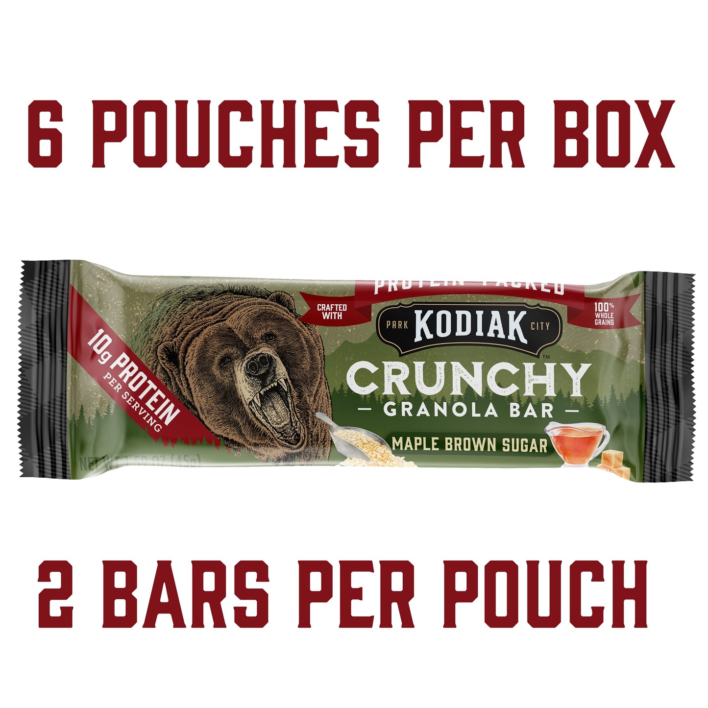 Kodiak Crunchy Granola Snack Bars, Maple Brown Sugar, High Protein, 100% Whole Grains, 1 Box With 6 Pouches (12 Bars)