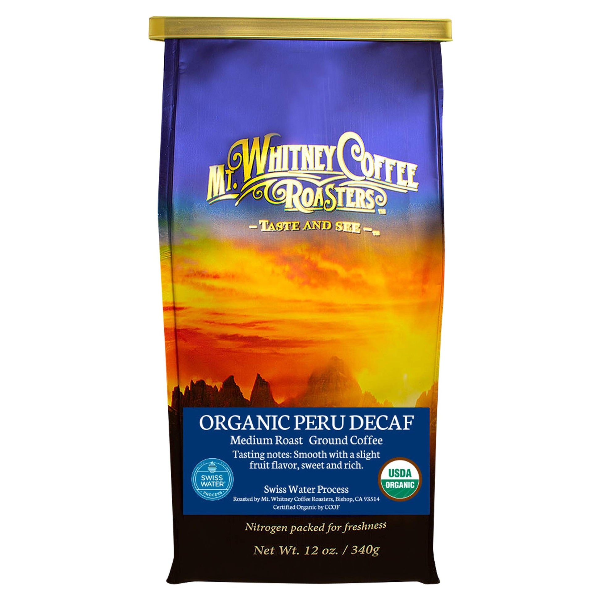 Mt. Whitney Organic Swiss Water, Low Acid, Decaf Coffee From Peru (Ground, 12 Oz)