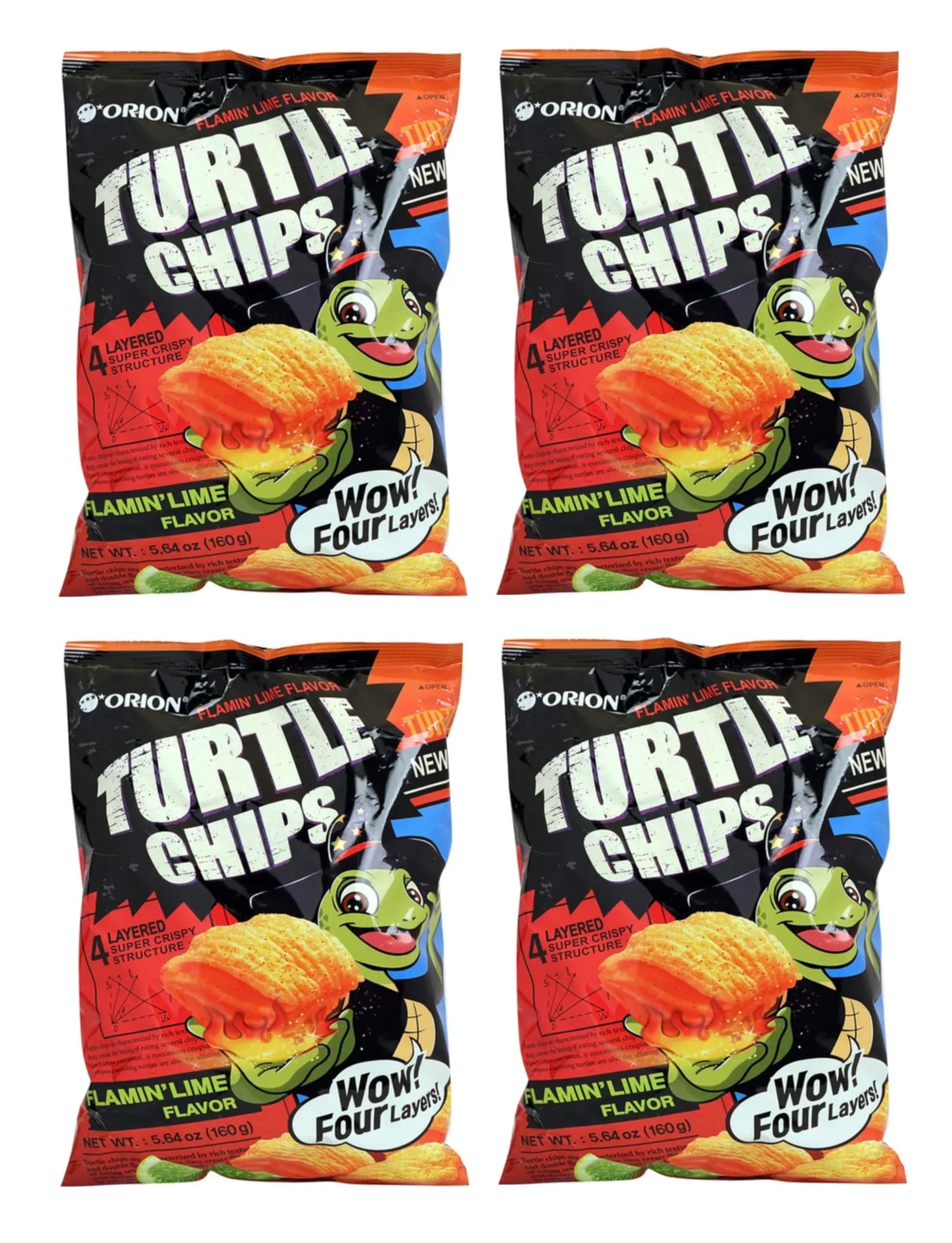 [4 Big Packs] Orion Turtle Chips, Flamin Lime Flavor, 160g-Four Layer Crispy Snack, 5.55oz