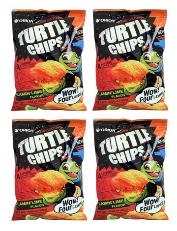 [4 Big Packs] Orion Turtle Chips, Flamin Lime Flavor, 160g-Four Layer Crispy Snack, 5.55oz