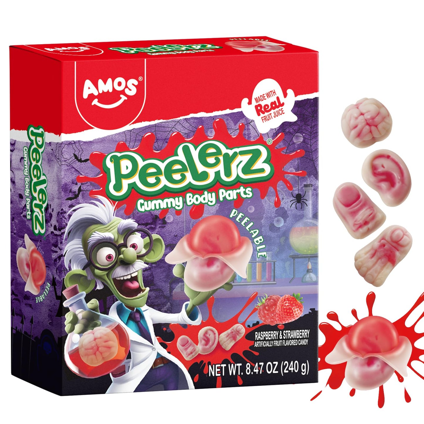 Amos Halloween Peelerz Body Parts Gummies Candy, Individually Wrapped, 240g (8.47oz) Bag, Fun Treats for Kids and Adults