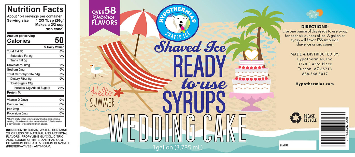 Hypothermias Shaved Ice & Snow Cone Syrup - Wedding Cake - 128 Fl Oz - Light Red - Non-GMO Pure Cane Sugar - BPA-Free Bottle