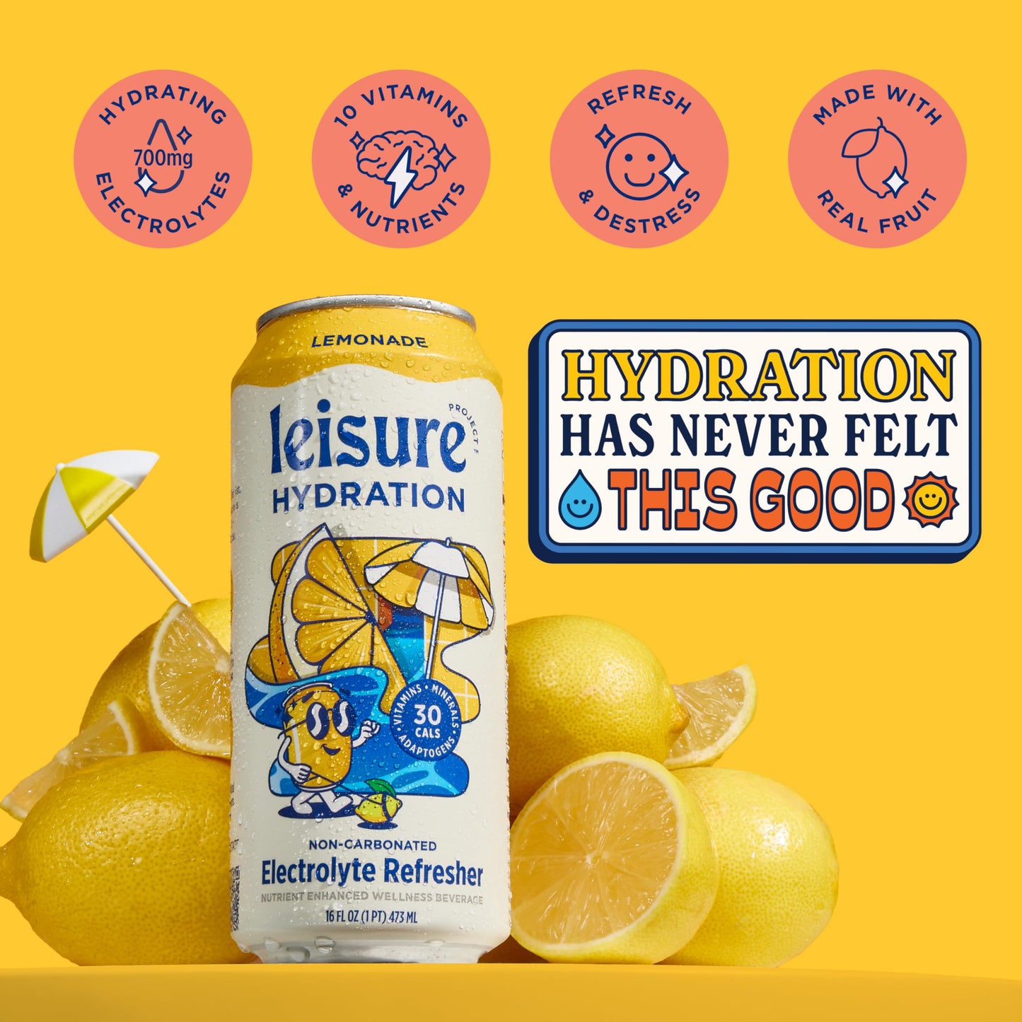Leisure Drinks - Lemonade Electrolyte Drink [Electrolyte Refresher - 16oz Cans, 12pk] - Low Sugar Lemonade Hydration Drink - Hea
