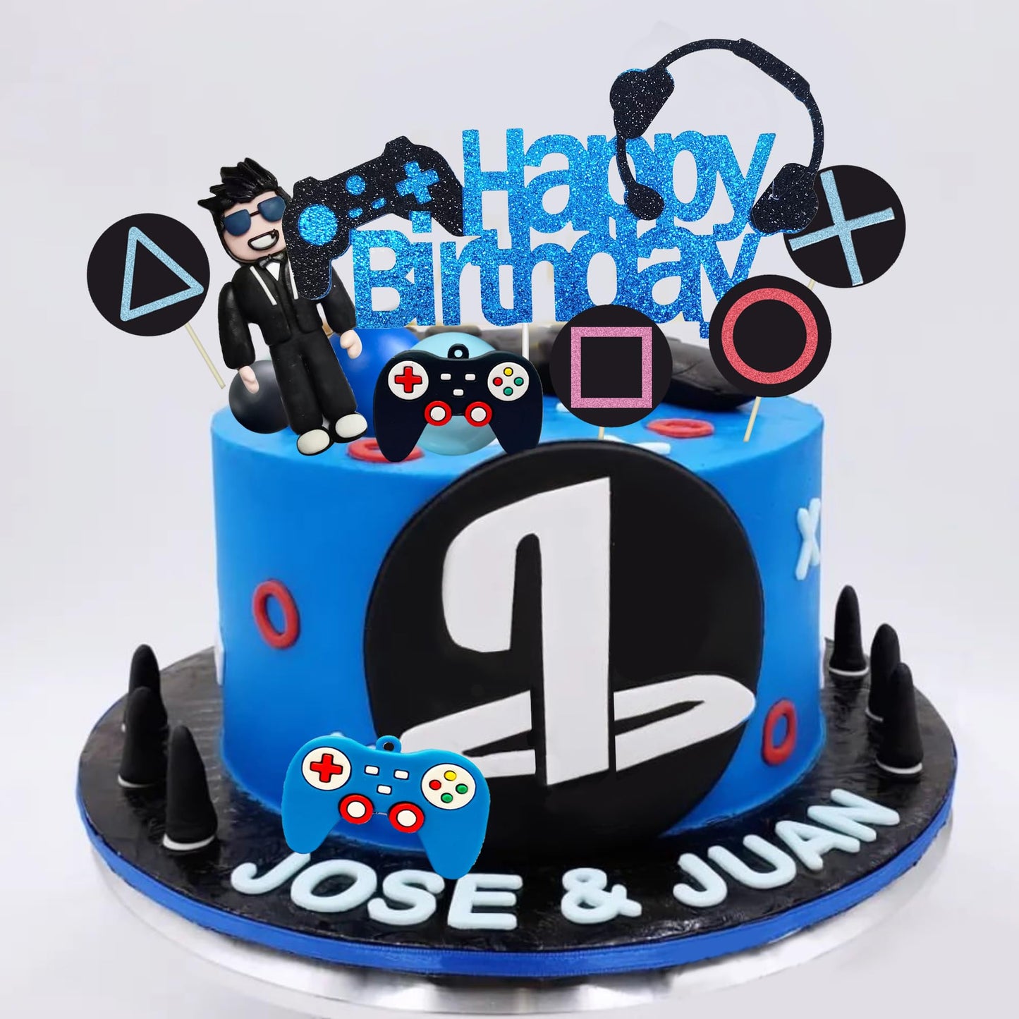 Video Game Cake Toppers Gamer Cake Decoration Game Controller Blue Black Ball Cake Toppers For Game Theme Party Man Boy Birthday