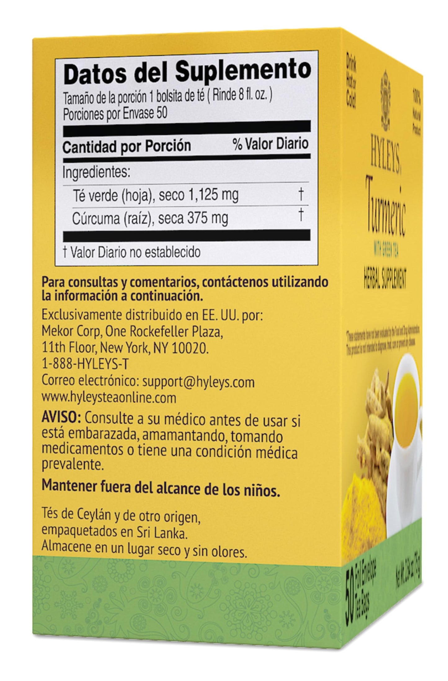 6 Pack Of Hyleys Wellness Turmeric With Green Tea - 50 Tea Bags (100% Natural, Sugar Free, Gluten Free & Non-Gmo), 300 Count