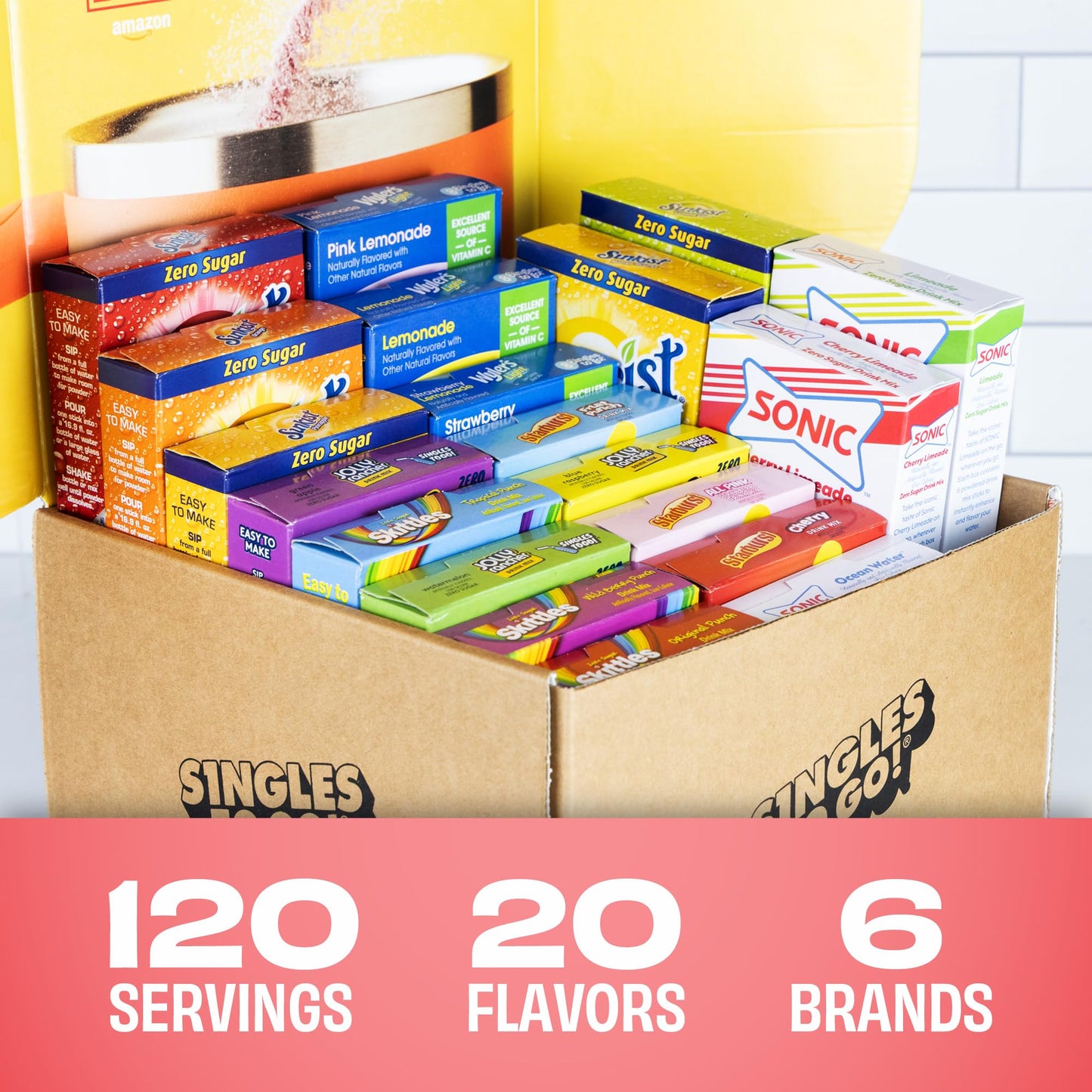 SINGLES TO GO! Sugar Free Drink Mix Variety Pack - 120 Count - 20 Flavors - 0.15 Ounce Packets