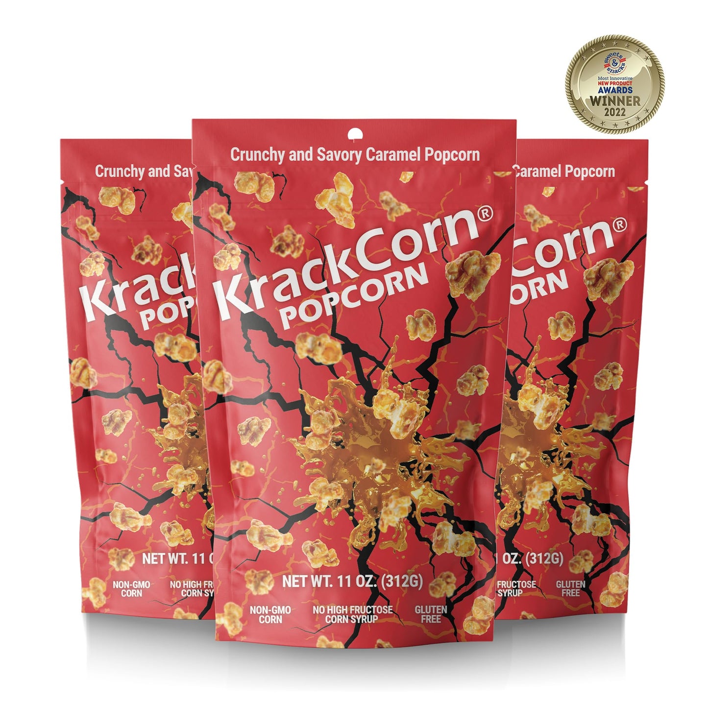 KrackCorn Caramel Popcorn - Gluten-Free, Non-GMO Gourmet Snack - 11 Oz, Pack of 3