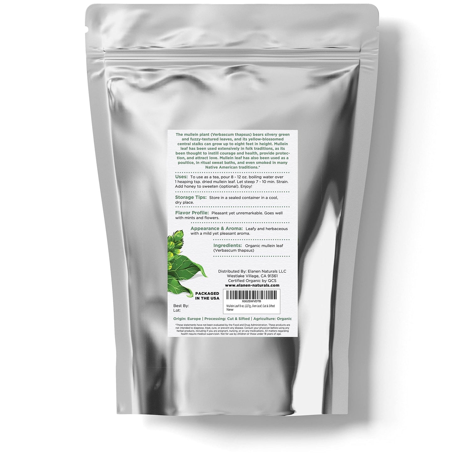 ELANEN naturals Organic Mullein Leaf Tea, Cut & Sifted, 8 oz. (227g), USDA Certified Organic