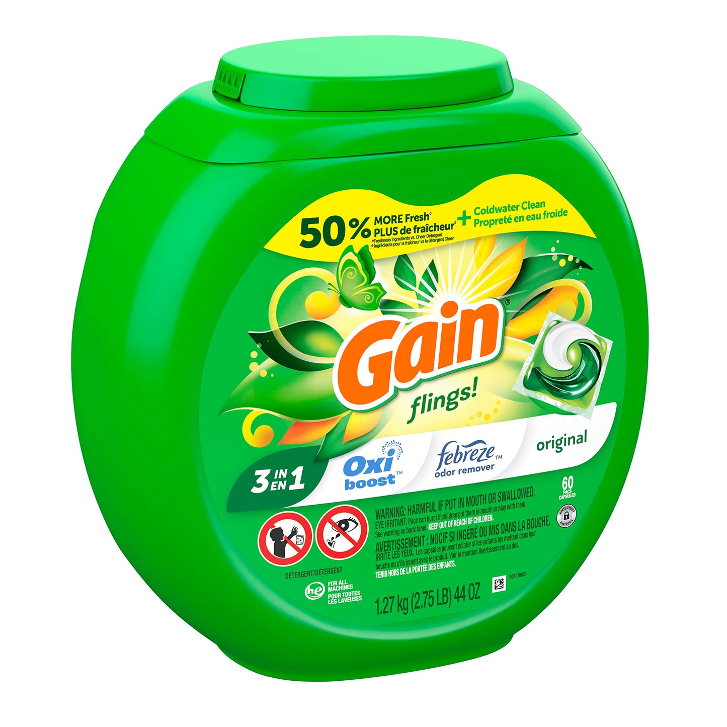 Gain Flings! Laundry Detergent Soap Pacs He Compatible 60 Ct Long Lasting Scent Original Scent