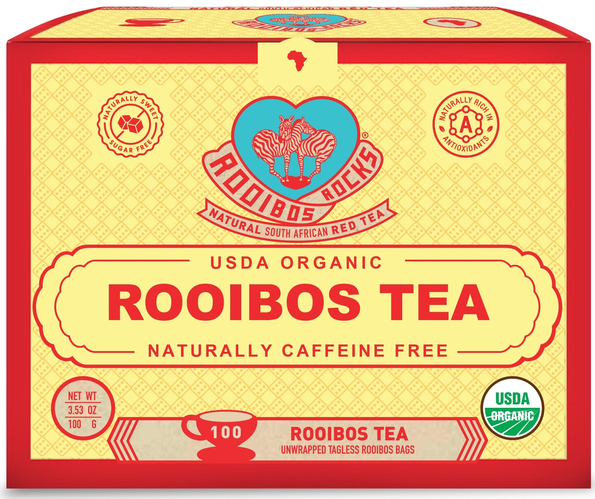 ROOIBOS ROCKS Organic Red Rooibos Tea Bags - Caffeine Free, Low Tannin, 100 Count, Earthy Red