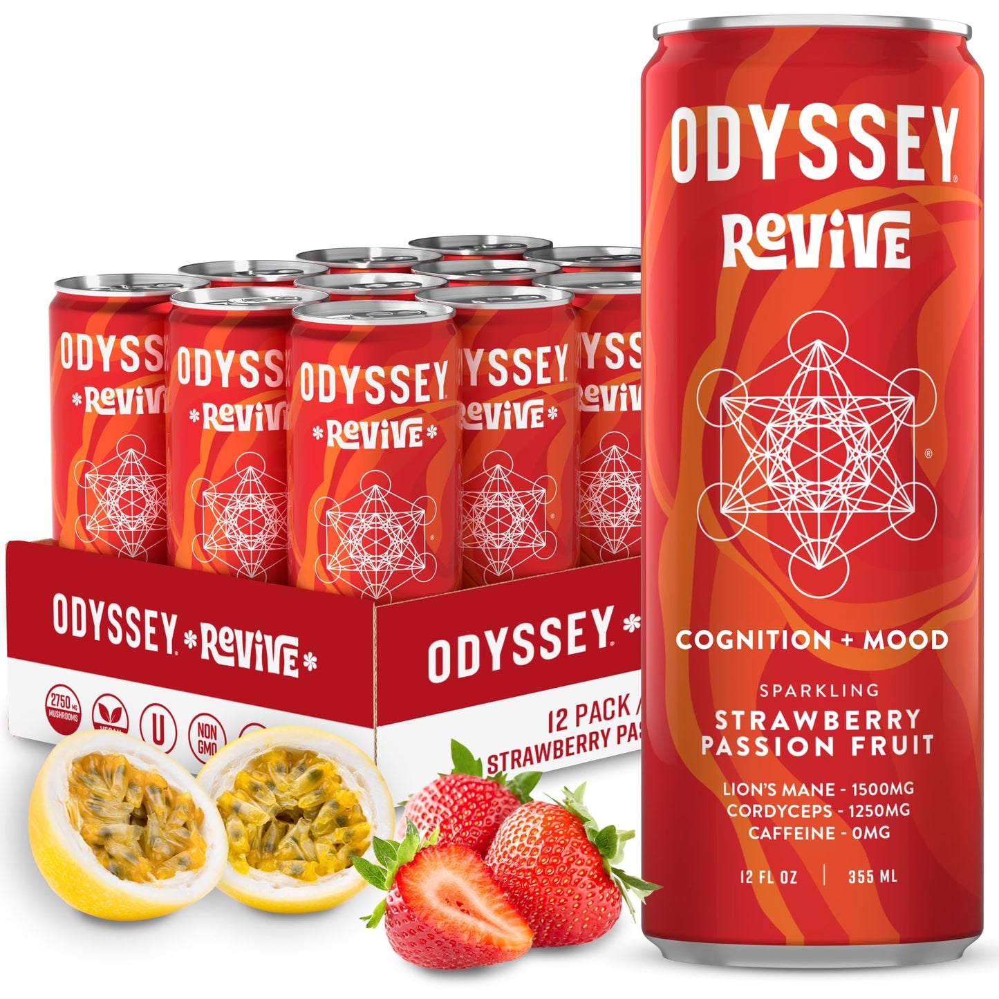 ODYSSEY ELIXIR Sparkling Drink – Caffeine Free Electrolyte Water with Lion’s Mane & Vitamin C – Strawberry Passion Fruit – 12 Pack