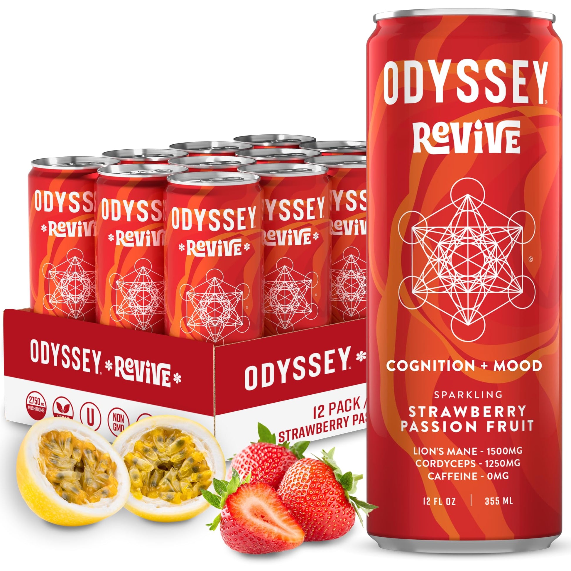 ODYSSEY ELIXIR Sparkling Drink – Caffeine Free Electrolyte Water with Lion’s Mane & Vitamin C – Strawberry Passion Fruit – 12 Pack