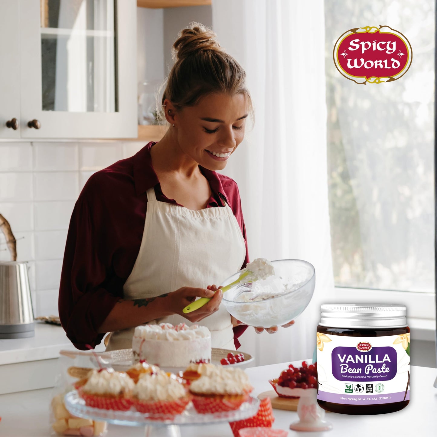 Spicy World Vanilla Bean Paste 4Oz Jar - All Natural & Pure - Made With Organic Agave Syrup - For Cooking, Baking & Desserts - 1