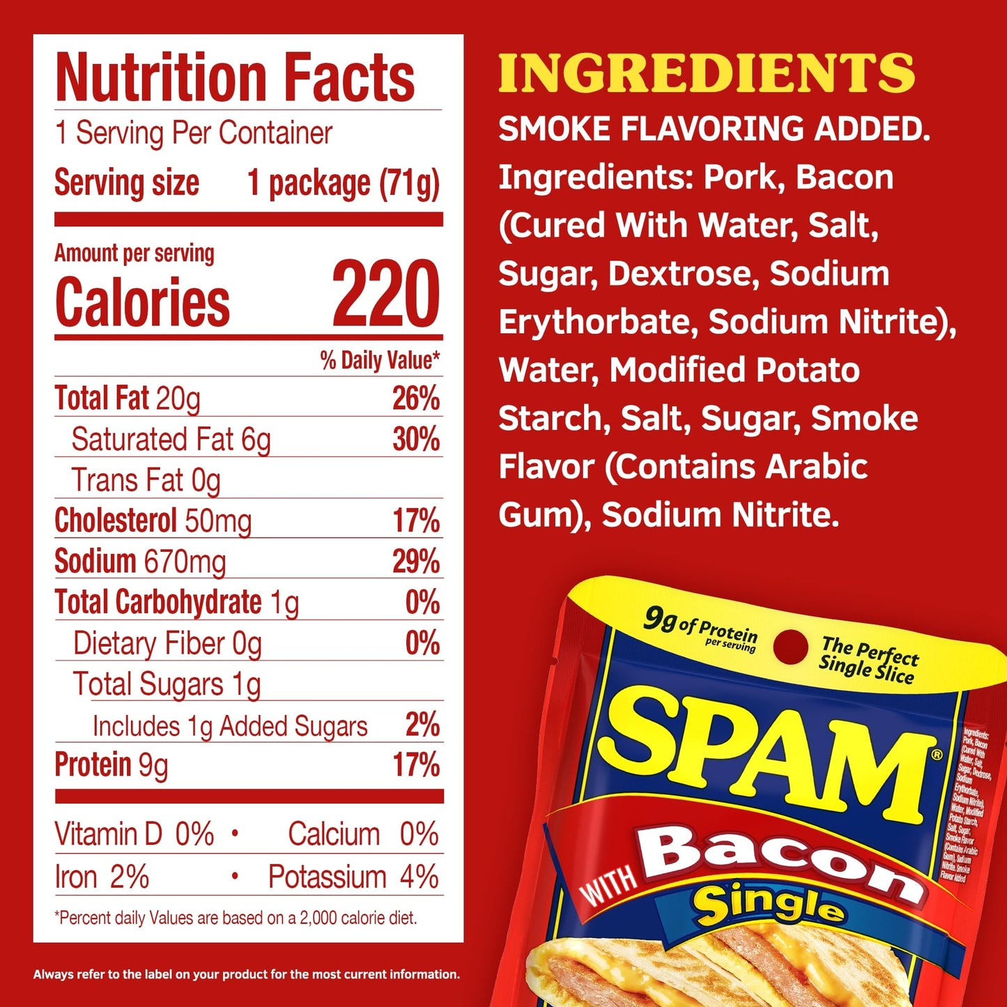 SPAM Single Bacon 2.5oz Individual Pouch (Pack of 12) Fully Cooked Pork and Ham  9g of Protein  0g Trans Fat  Low Carb  Keto-Friendly  Gluten Free  Easy Open Pouch  Perfect for Sandwiches & Breakfast