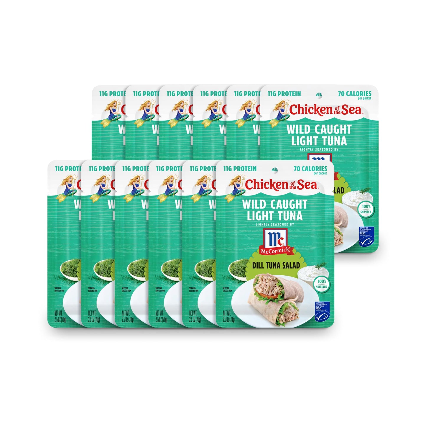 Chicken of the Sea Wild Caught Light Tuna, 2.5 oz. Packets (Box of 12), Lightly Seasoned Dill Tuna Salad