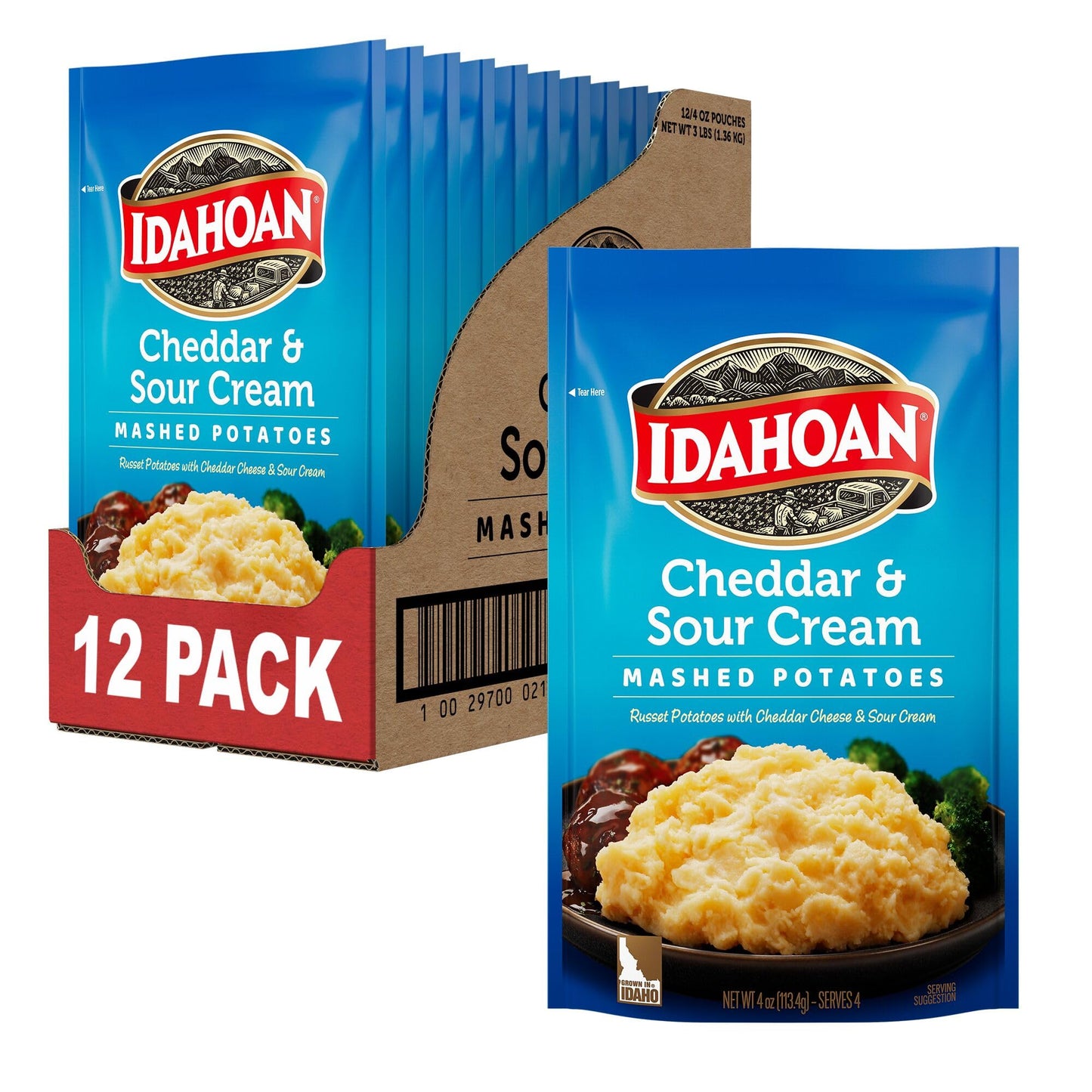 Idahoan Cheddar & Sour Cream Mashed Potatoes, Naturally Gluten-Free, 100% Real Idaho Potatoes, 4 servings per bag, 4 ounce (Pack