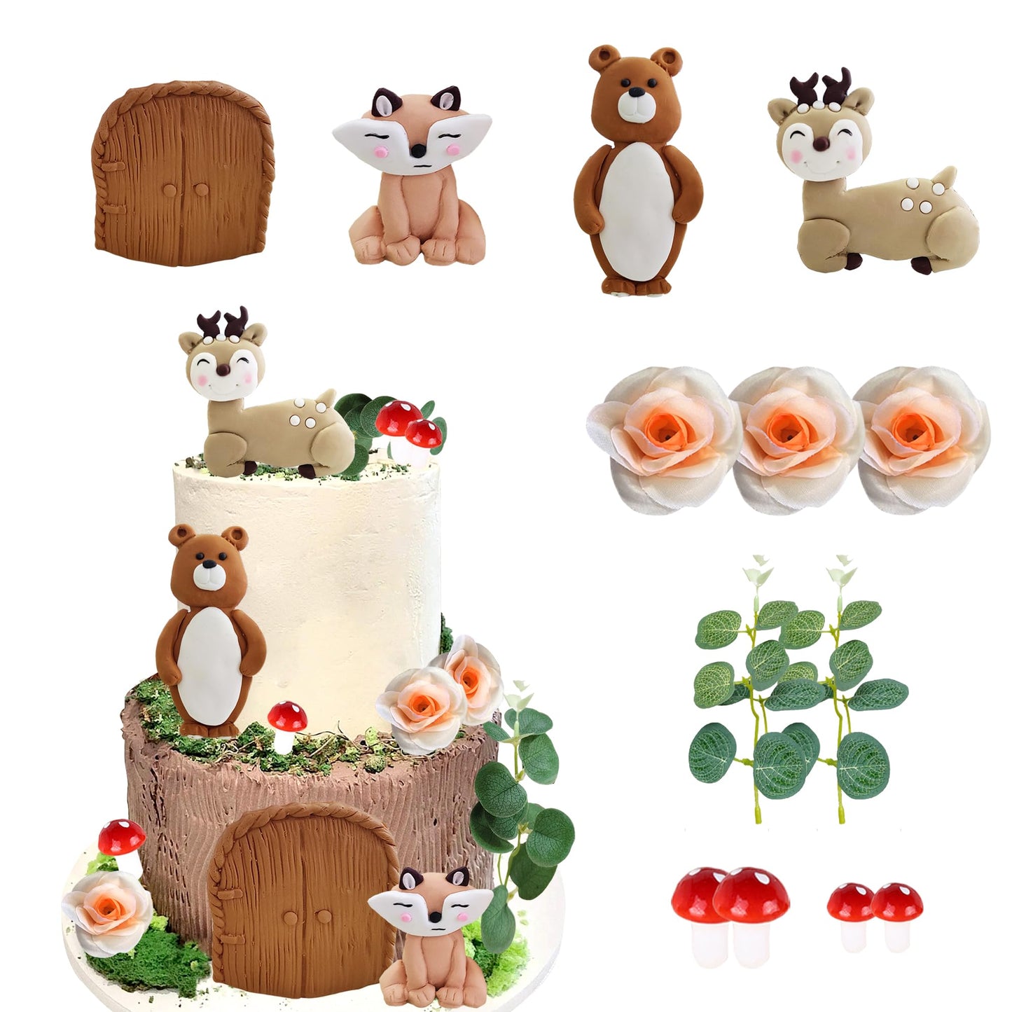RASSLISA Woodland Animal Cake Toppers, Fox Bear Deer, Clay Decorations, Flowers, Model LISA-LS-NN-XG03