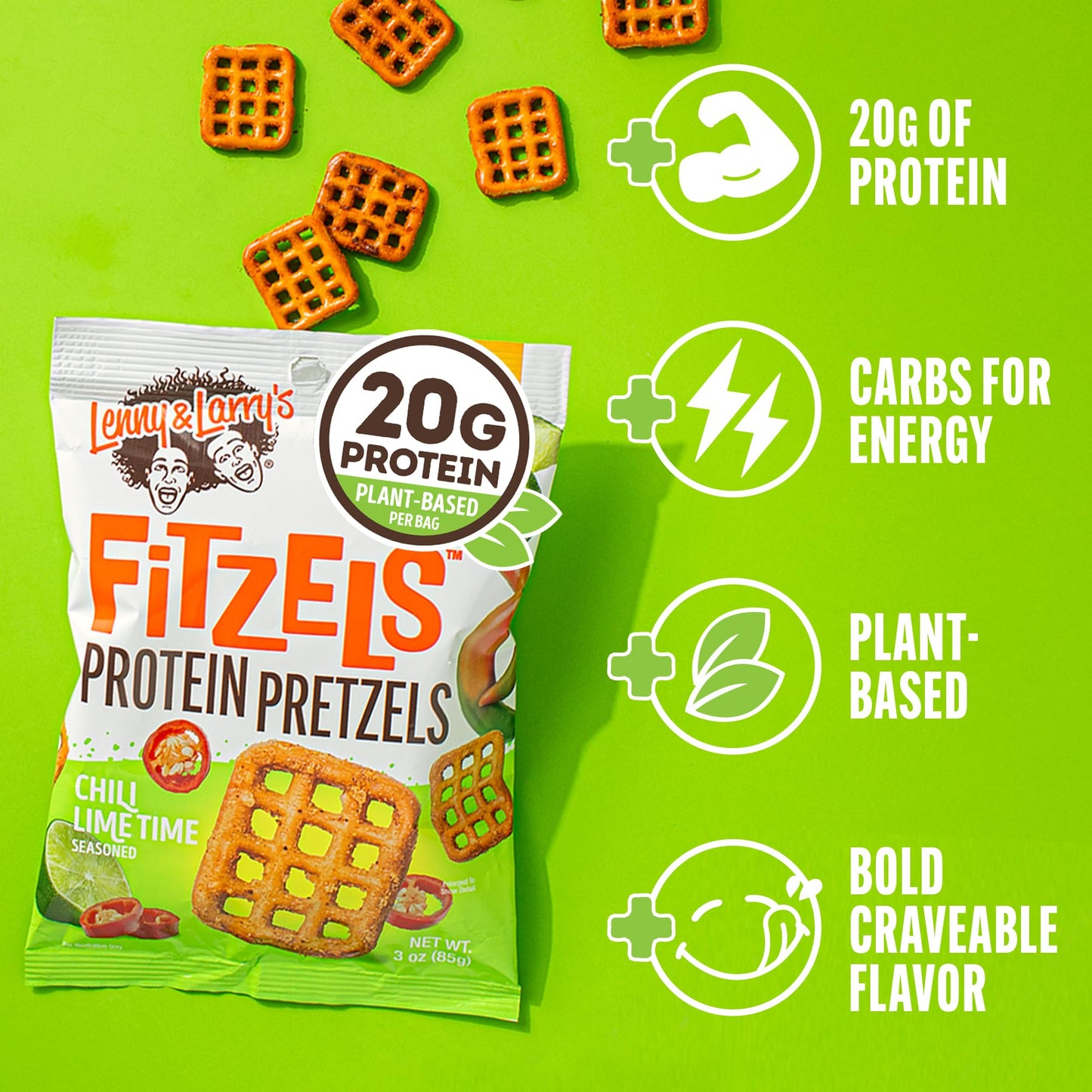 Lenny & Larrys FITZELS Protein Pretzels, Chilli Lime, 20g Plant-Based Protein, 3 oz Each (Pack of 8)