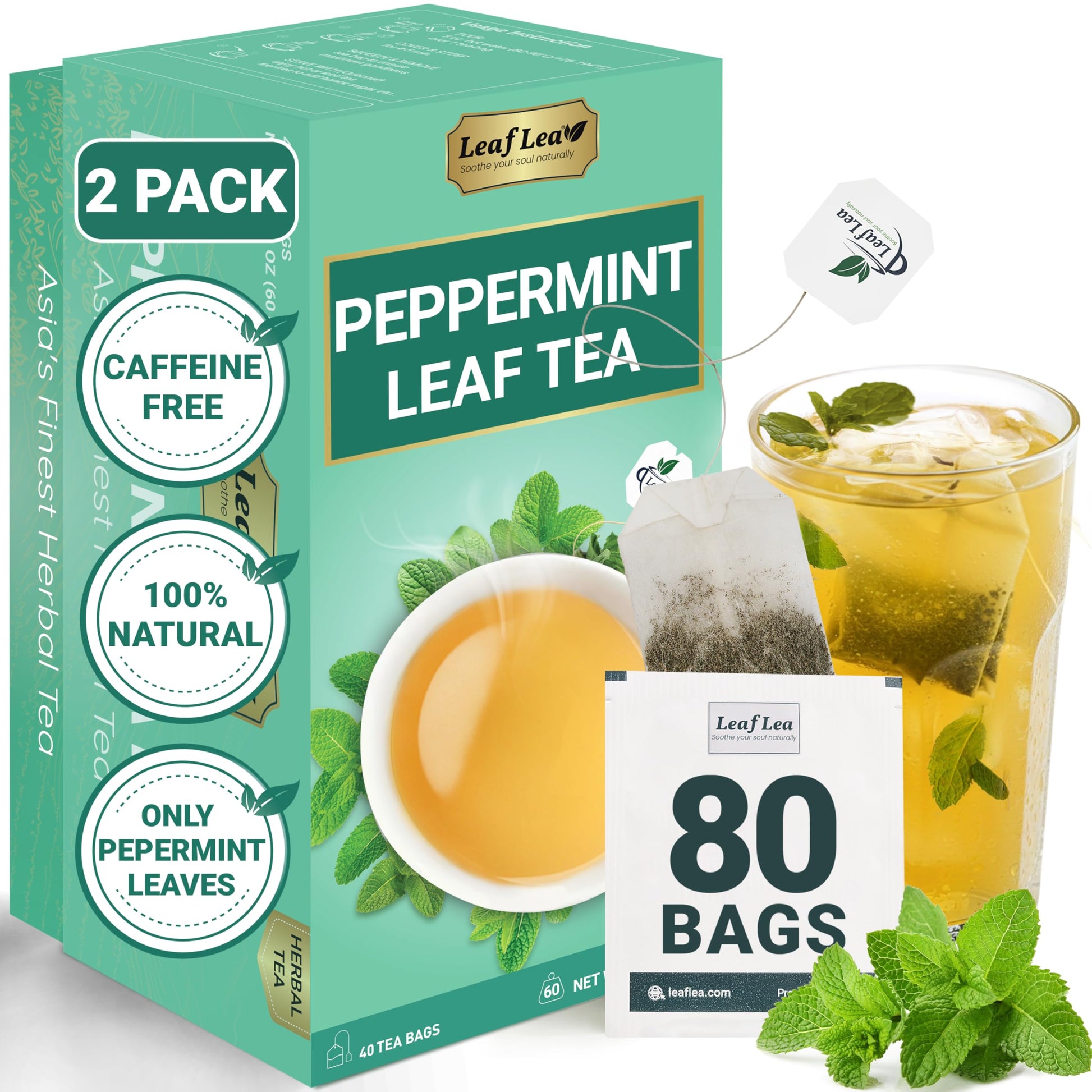 Leaflea 80 Top-Grade Peppermint Tea Bags  100% Natural Peppermint Leaf Tea  Te De Menta For Soothing Throat & Refreshing Breath  Light And Smooth Flavor  Energy Blend-Free  Sugar-Free  Individually Wrapped