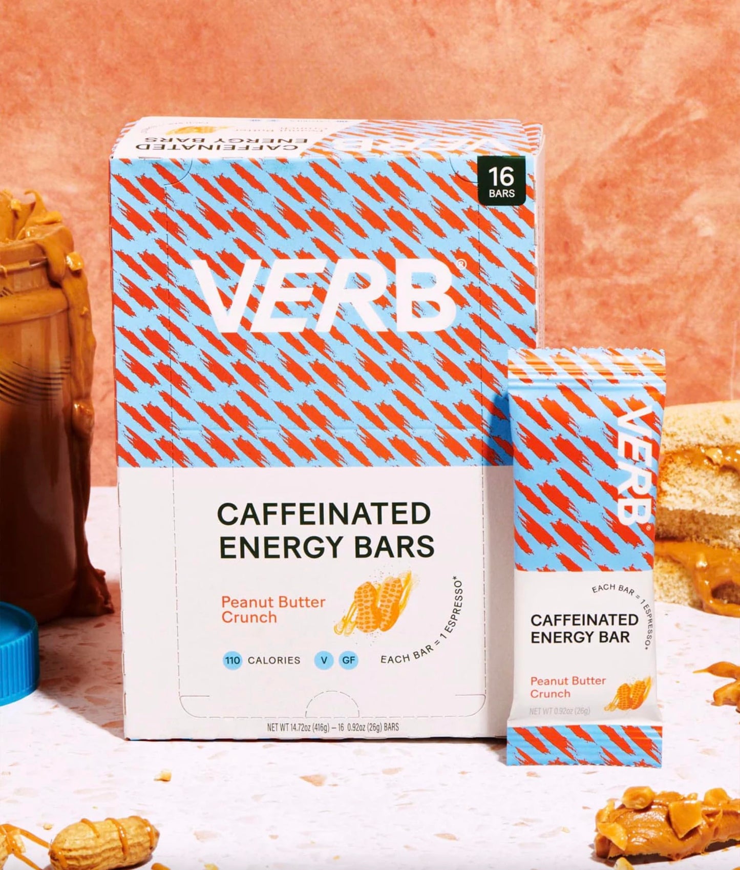 Verb Caffeinated Energy Bars Peanut Butter Cookie (26G, Pack Of 16) 110-Calorie Delicious Energy Bar - Vegan Gluten Free On-The Go Snack With 80Mg Green Tea Caffeine, Only Real-Food Ingredients