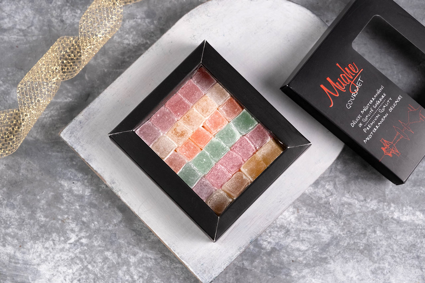 Mughe Gourmet Turkish Delight Candy Elegant Gift Box - 7Oz/200G - Halal, Vegan Lokum Fruit Flavors Rose, Strawberry, Lemon, Orange, Mint - Gifts For Special Occasions, Christmas, Halloween