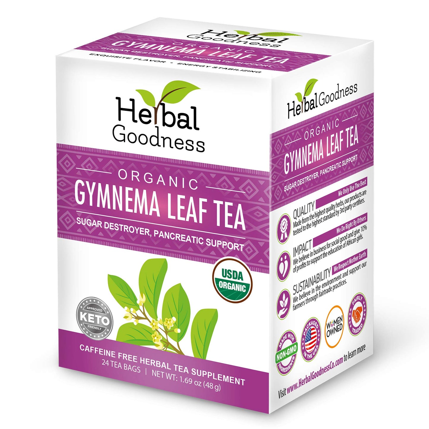 Herbal Goodness Gymnema Leaf Tea - 100% Organic Herbal Tea, Caffeine-Free, Keto-Friendly, Vegan, 24 Unbleached Tea Bags