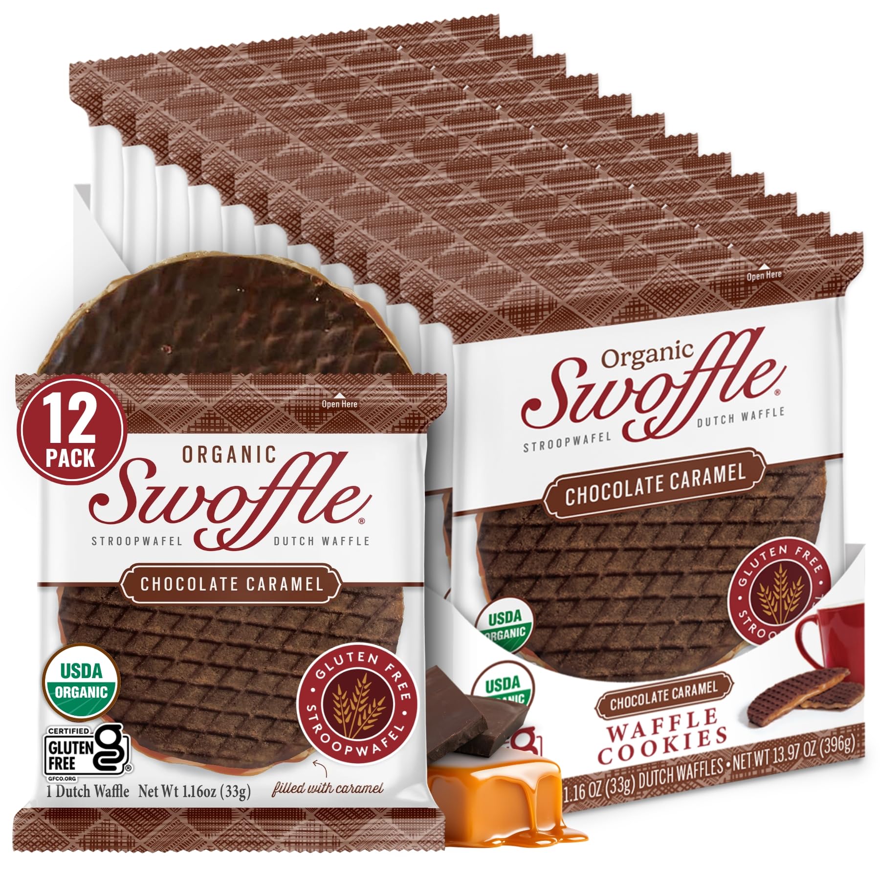 Gluten Free Certified Organic Stroopwafels By Swoffle - Chocolate Caramel | (12) 1.16Oz Wafers | Non-Gmo  Wheat Free  Kosher  Soy Free  And Nut Free!