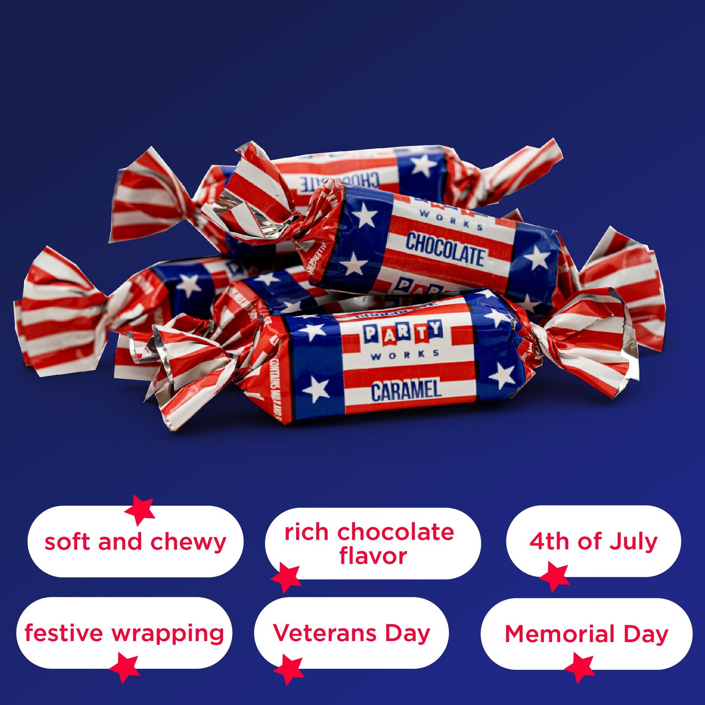 CRAZYOUTLET Patriotic Candy - 3 Pound Bulk Pack - Chocolate Caramels - Red, White, Blue Taffies for Independence Day Celebrations