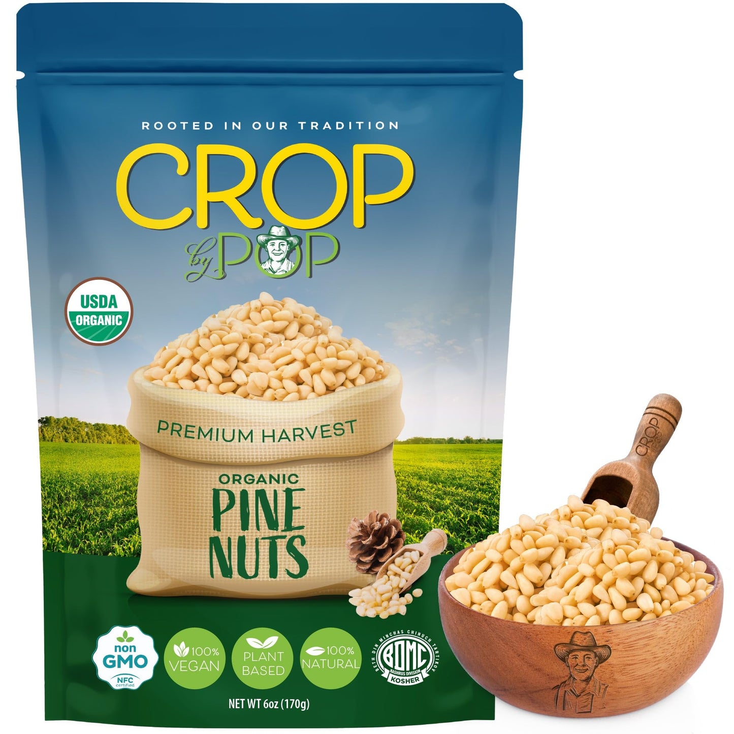 CROP BY POP - Organic Raw Pine Nuts Pignolias, Unsalted, Shelled, (6oz - 1 Pack) USDA Organic & Non GMO Certified - Packed Fresh