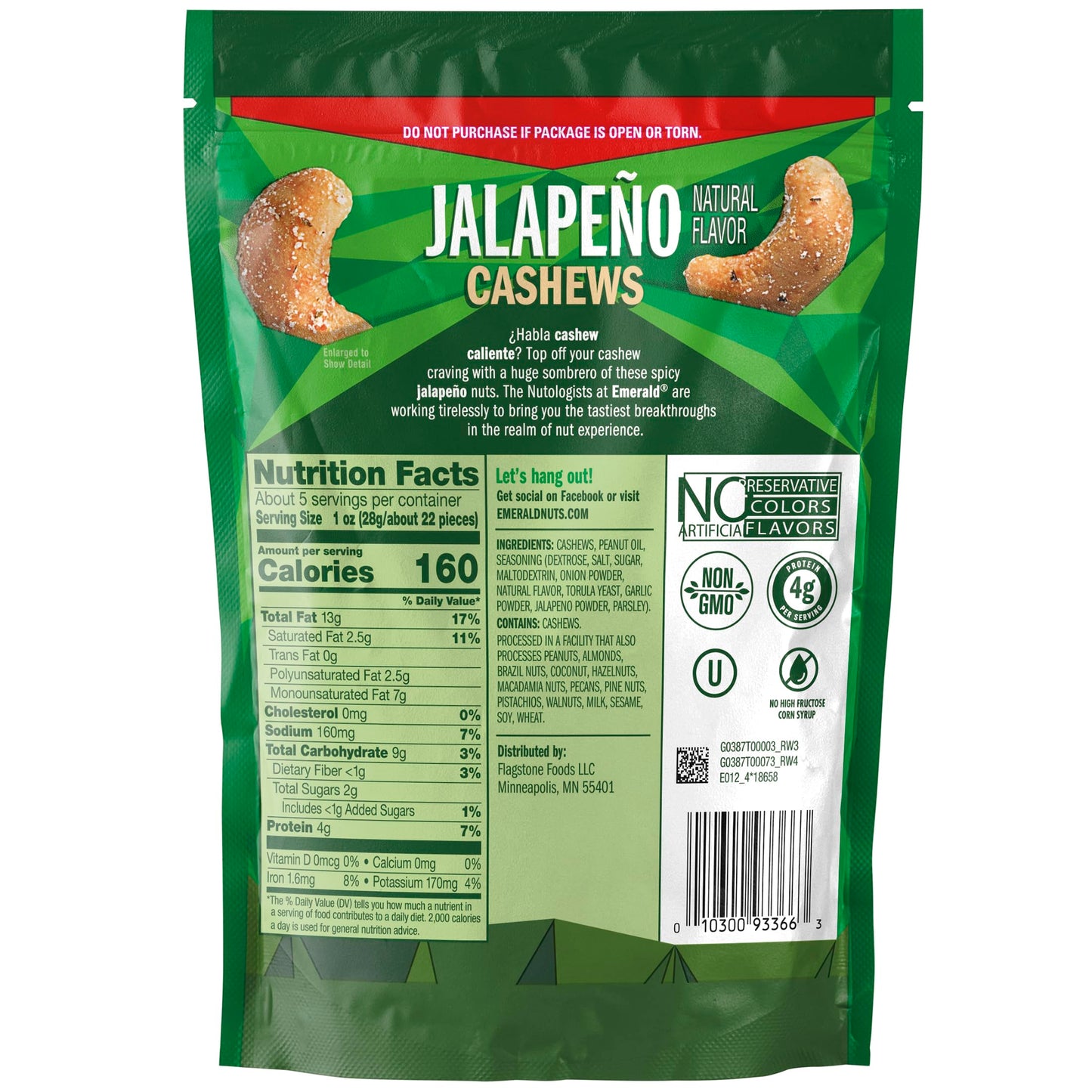 Emerald Jalapeno Cashews, 5 Oz Resealable Bag, Pack of 4, Model 1030093366