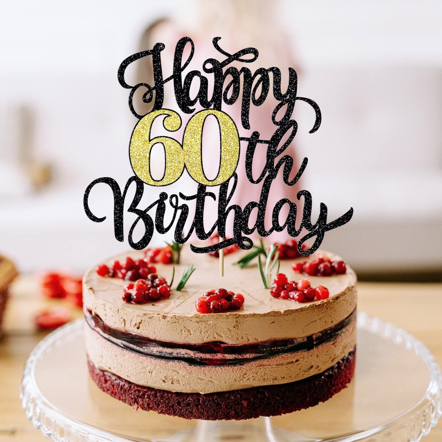 Leetaivie Happy 60Th Birthday Cake Topper, Black Gold Glitter Birthday Cake Topper, 60Th Anniversary/ 60Th Birthday Party Decora