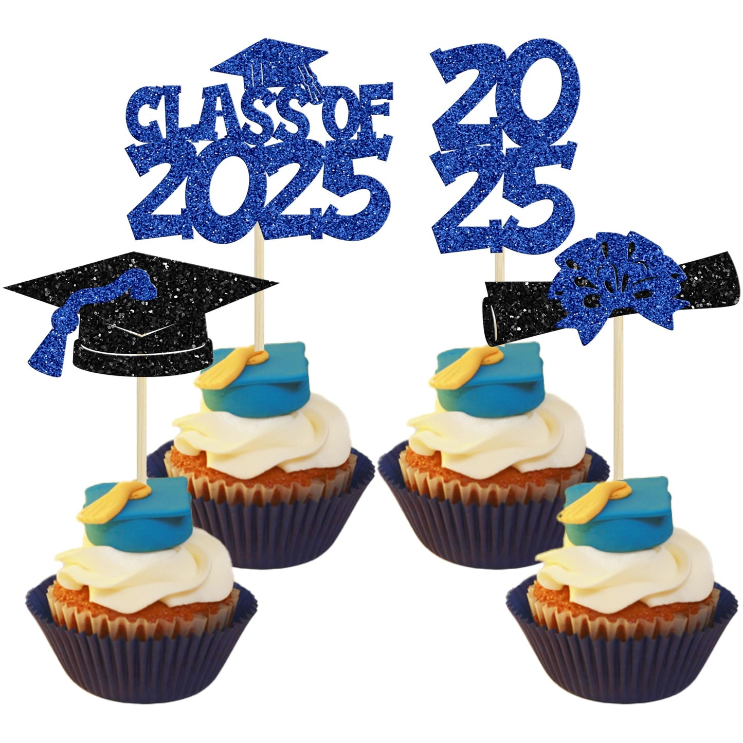 Ephlyn 36Pcs Graduation Cupcake Toppers Dark Blue Glitter Class of 2025 Diploma Cap Picks for Party Decorations