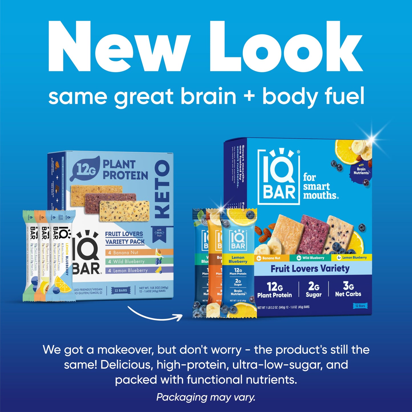 IQBAR Brain and Body Plant Protein Bars - Chocolate & Fruit Variety - 24 Count, Low Carb, High Fiber, Gluten Free, Vegan Snacks