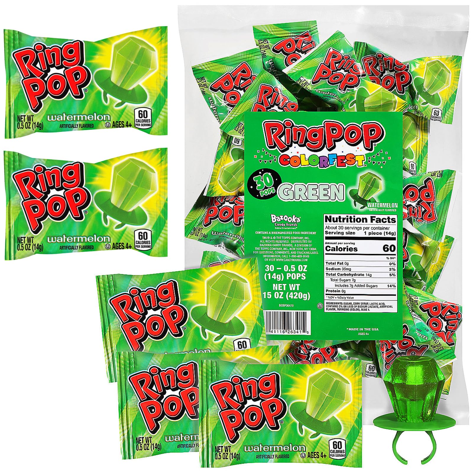 Refreshing Green Watermelon Flavor Topps Ring Pops - (Pack of 30) - Perfect for St. Patricks Day Celebrations, Party Favors, and