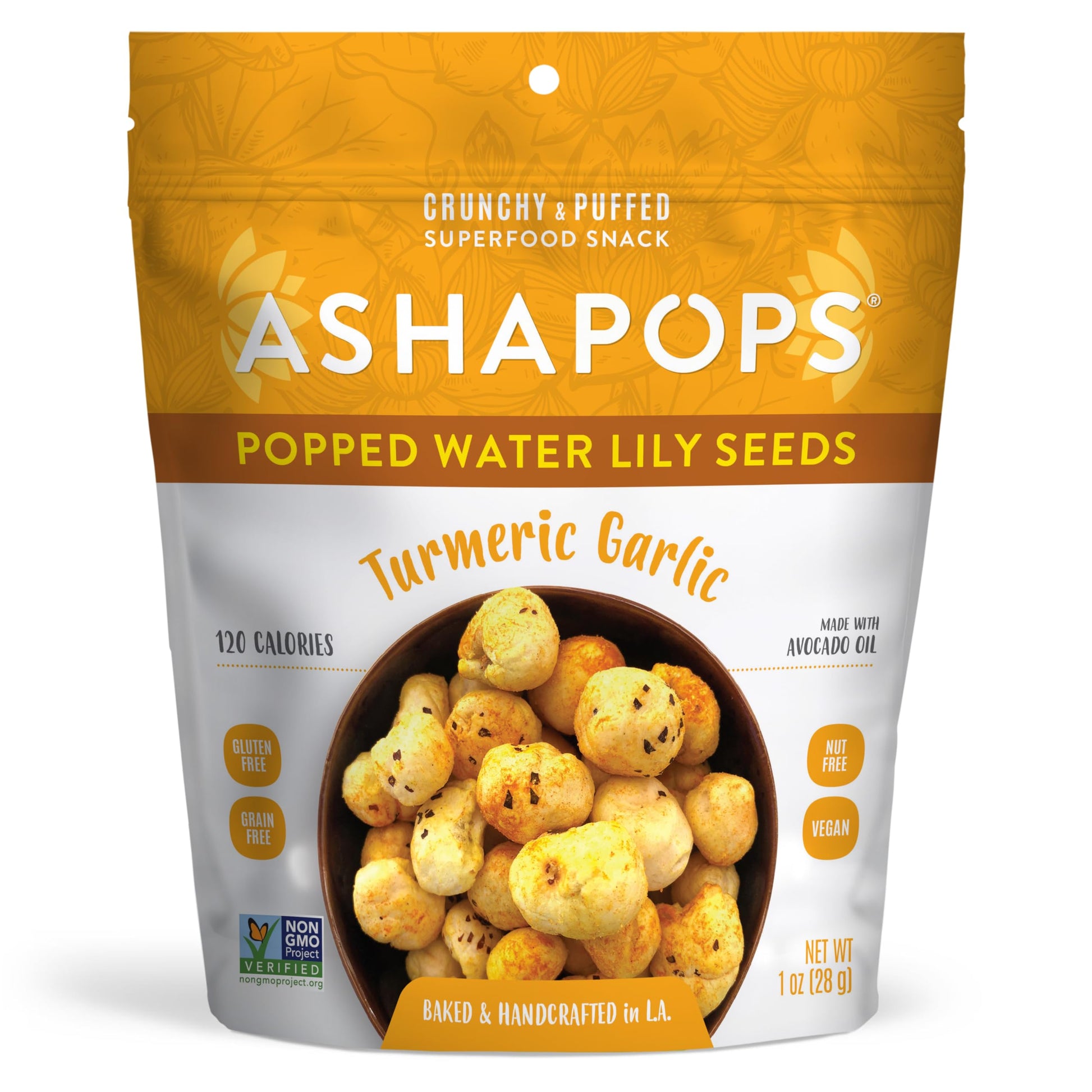 AshaPops Turmeric Garlic Flavored Popped Water Lily Seeds, 1 oz (Pack of 1) - Gluten-Free, Vegan, Paleo, Soy-Free, Non-GMO, Plan