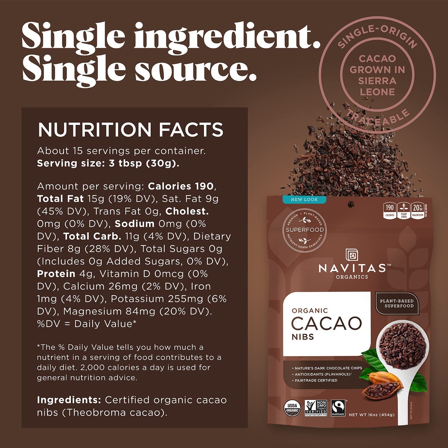 Navitas Organics Cacao Nibs - Unsweetened Dark Chocolate Crunch - Antioxidants, Minerals, Fiber - For Trail Mix, Baking & More -